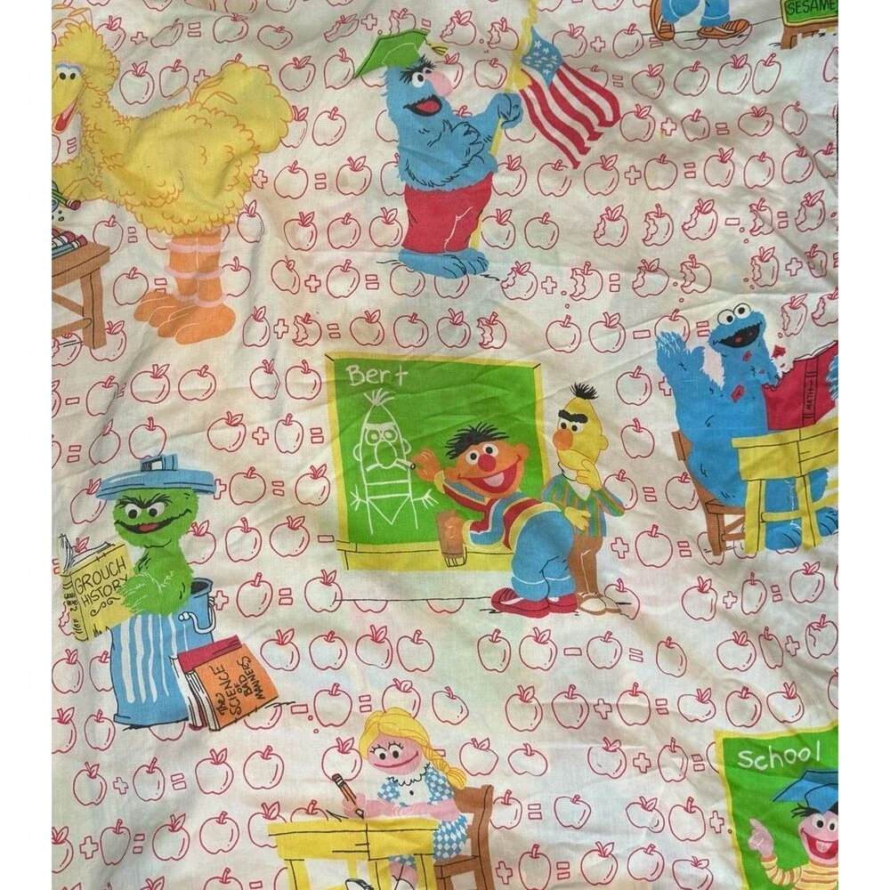 VTG Sesame Street Twin Fitted Sheet School Marlborough Apples Big Birds Oscar